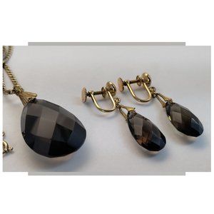Vintage 12k Gold Filled Briolette Cut Smokey Quartz Pendant and Earrings Set